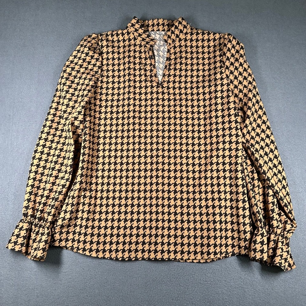 Shein Blouse Womens Size Large Long Sleeve Tan Blk Houndstooth Keyhole Mock Neck